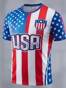Men's Usa Flag Colorblock Short Sleeve T-Shirt, 2026 World Cup Memorial Eagle Print Sports Top, Athletic Style Activewear, Daily Wear and Outdoor Activity