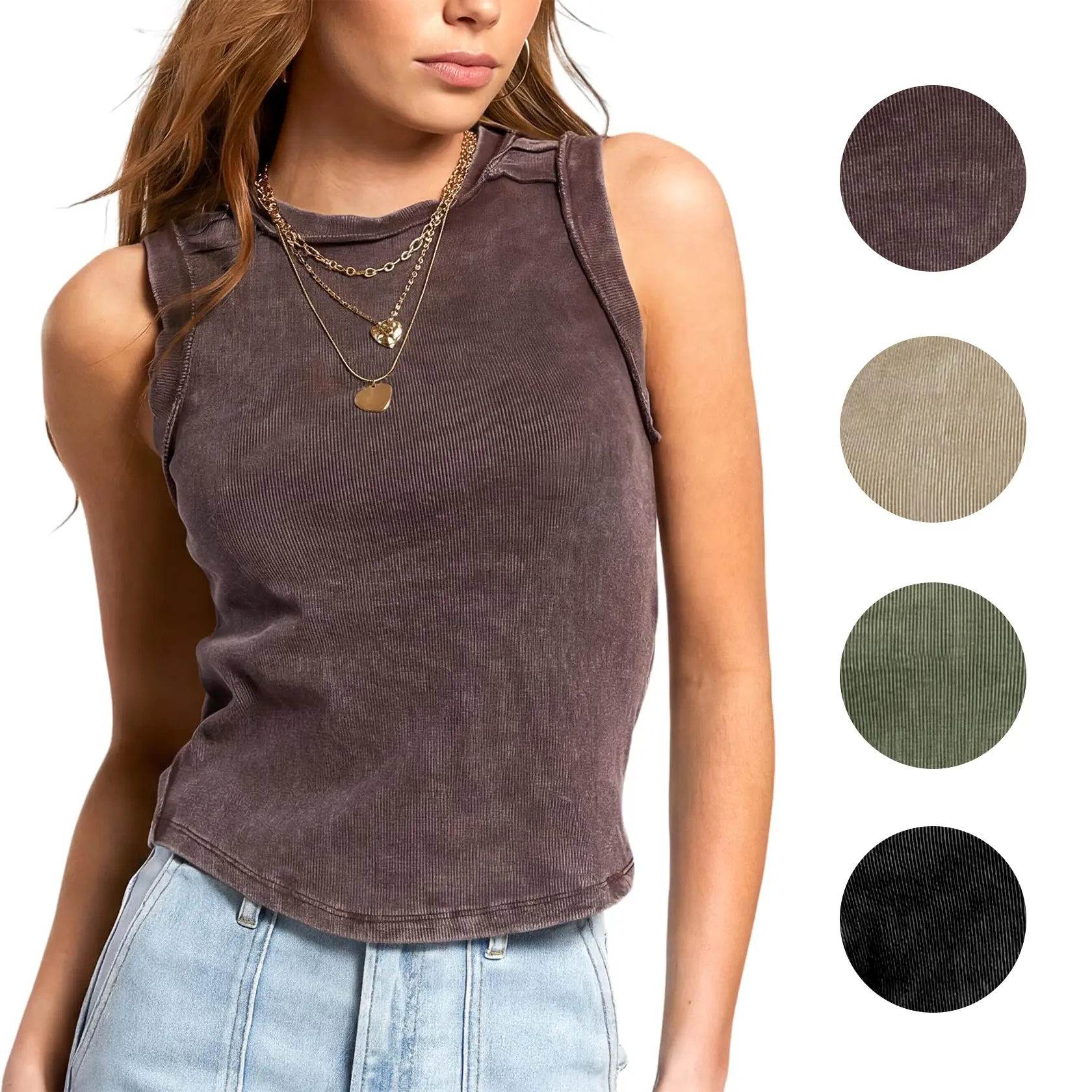 Arssm Womens Acid Wash Tank Top Sleeveless Cotton Ribbed Fitted High Neck Raw Edge Tank