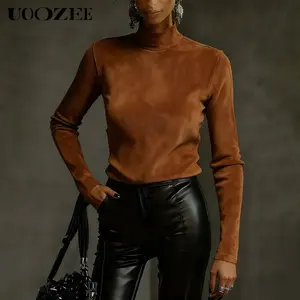 UOOZEE Women's New Autumn Slim-Fit Suede-Like Turtleneck Top(Only), Fashion Long Sleeves Solid ColorMock Neck Pullovers, Ideal for Layering Under Blazers, Evening Outfits & Casual Ensembles(ordering 1 Size Up for A Comfortable, Relaxed)