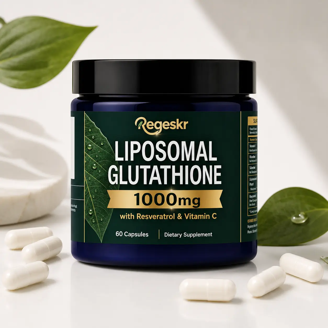 Regeskr Liposomal Glutathione 1000mg with Resveratrol & Vitamin C - High Absorption Antioxidant Supplement for Daily Wellness - 60 Glutathione Capsules