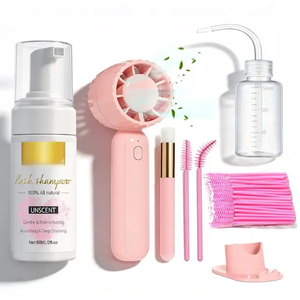 Eyelash Extension Cleanser Lash Mousse Lash Shampoo for Extensions, USB Mini Portable Fan Rechargeable Electric Handheld Air Conditioning (lash kit-handheld fan), Makeup, Mascara