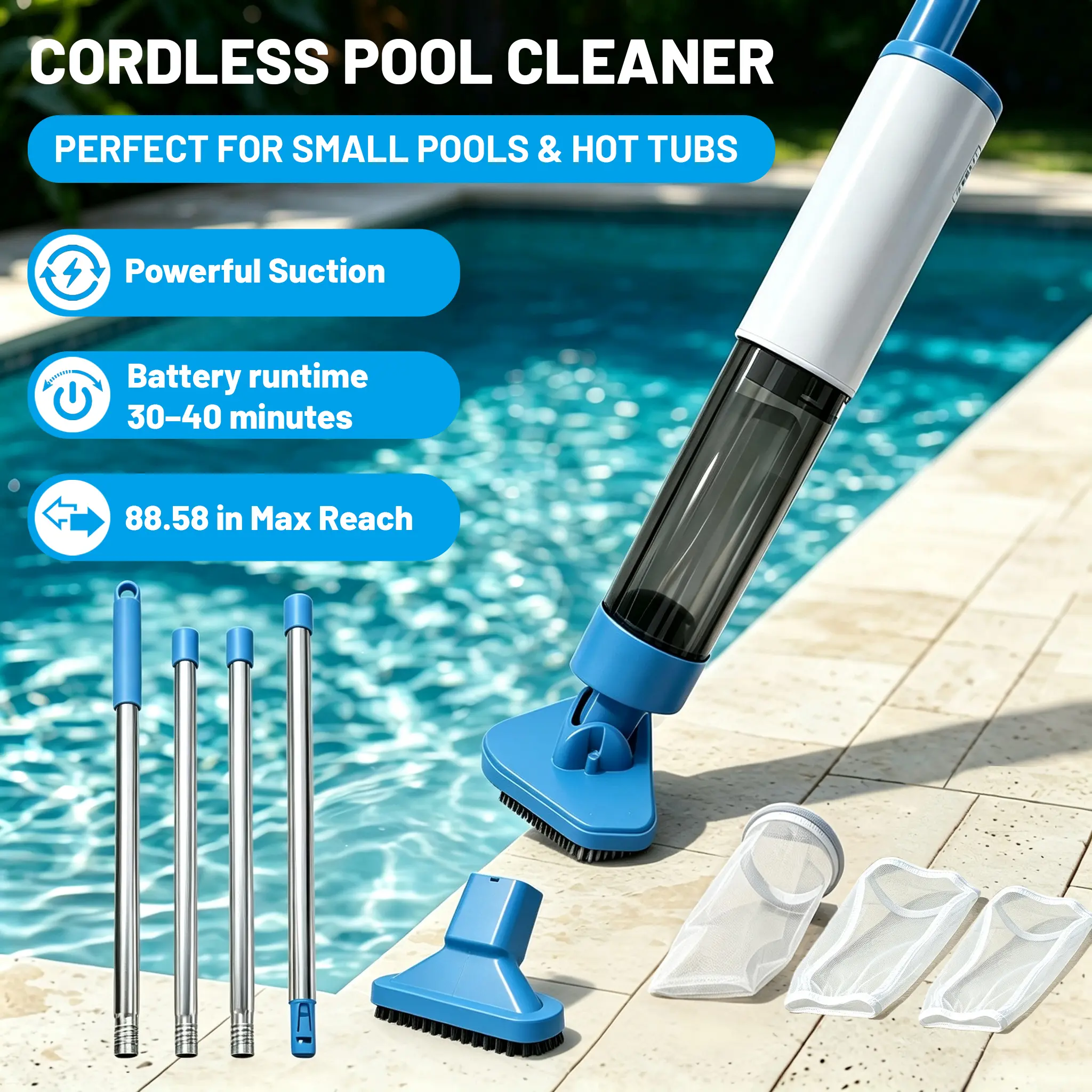 Cordless Rechargeable Pool Vacuum Cleaner with Telescopic Pole, 15W Motor, IPX4 Waterproof, 35L/min Waterflow, Dual Filter, Handheld Grip, Metal Plastic Build for Above Ground Pools & Spas, Cleaning Accessories
