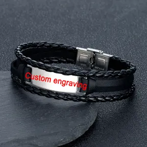 Luxury Brand Custom Logo Name Engrave Leather Bangle & Bracelet Women Handmade life-saving Men Rope Id Bracelets