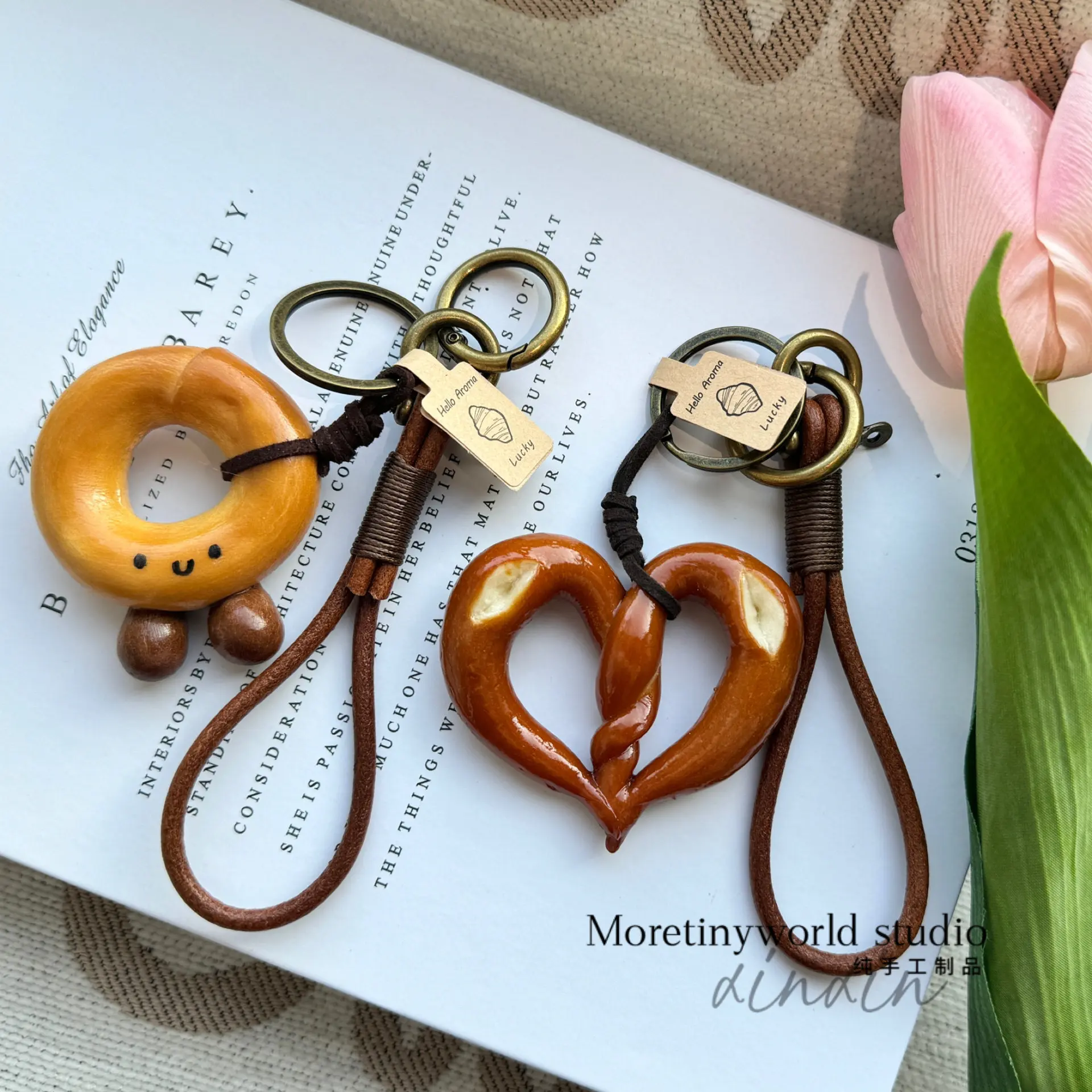 Handmade alkaline bread bag hanging retro cowhide rope hanging ornaments niche styleclassy creative gift bows croissant Handmade alkaline bread bag hanging retro cowhide rope hanging ornaments niche styleclassy creative gift bows croissant