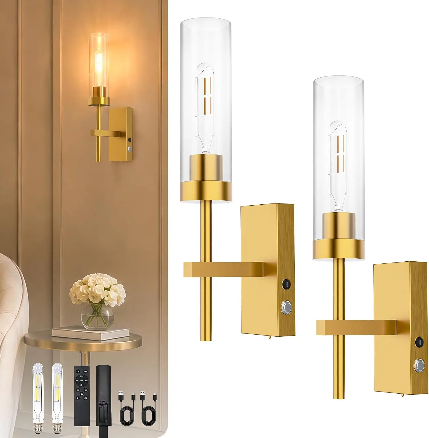 Battery Operated Wall Sconces Set of Two, 10000mAh Wireless Rechargeable Wall Lights with Remote Control, 17" Gold Dimmable Sconce for Living Room Bedroom Bathroom Hallway Entryway Stairwell,dorm essentials,home decor,home essentials,camping essentials