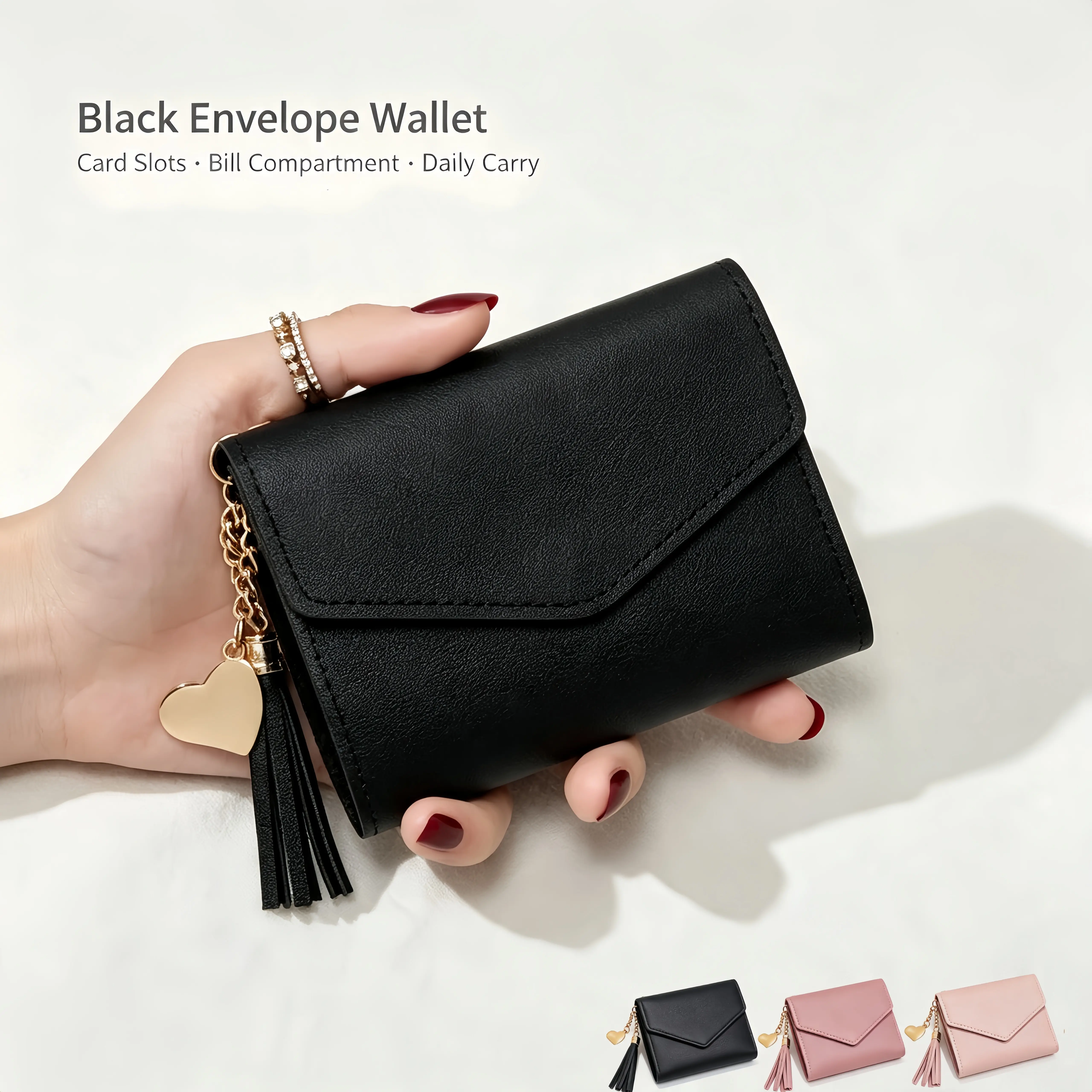 Slim Wallet for Women,PU Tri-fold Wallet for Women with Heart Pendant and Tassel, RFID Blocking With 6 Card Slots, 1 ID Window, 1 Cash Compartment,Daily Use,Birthday Gift,back to school,back to school haul