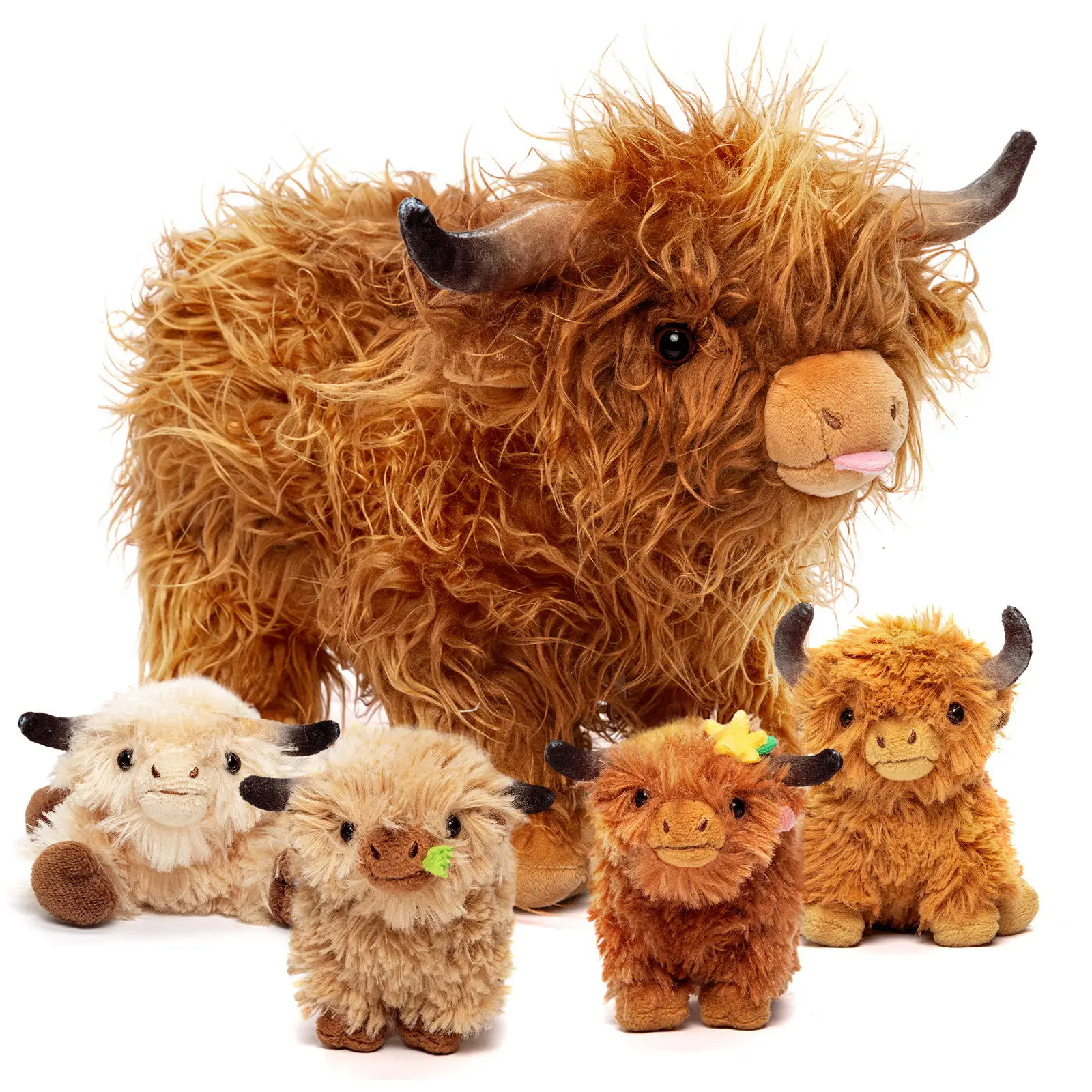 OUOZZZ Highland Cow Plush Toy, 15''Cattle Stuffed Animals with 4 Babies Inside, Toddlers & Kids Gifts, Home Decoration