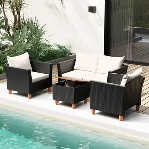 COSTWAY - 4 Piece Outdoor Conversation Set with Storage Coffee Table-White