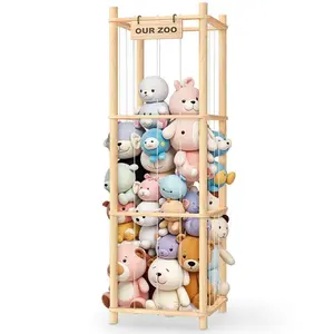 Plush Animal Storage Organizer with Cute Wooden Zoo Toy Rack, Perfect Storage Shelf for Toddler Rooms, Playrooms and Bedrooms