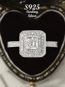 S925 Sterling Silver Elegant Square Zircon Decor Ring, Trendy Exquisite for Women, Fashion Luxury Jewelry for Party, Daily Decor As Birthday Gift, Artificial Zircon Ring