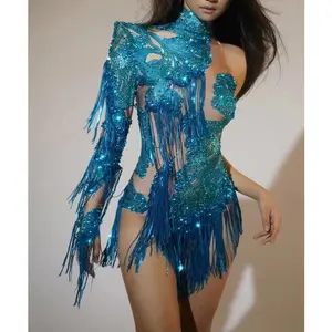 Sexy tight bodysuit for singers and dancers, performance stage costume, shiny blue rhinestone women’s dance jumpsuit with fringe, one-shoulder design, womenswear
