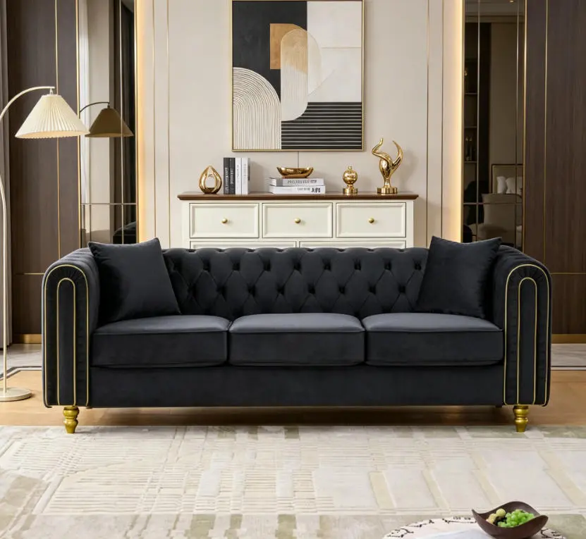 86" Modern 3-Seater Velvet Loveseat Sofa - Chesterfield Style with Button Tufting, Rolled Arms, Gold Legs for Living Room Primary Space