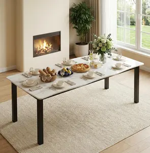 Dining Table for 6-8 People, Rustic Wave Irregular Edge Table with Thick MDF Top & Metal Frame, Waterproof Scratch-Resistant, Versatile for Dining/Work/Study, Marble white