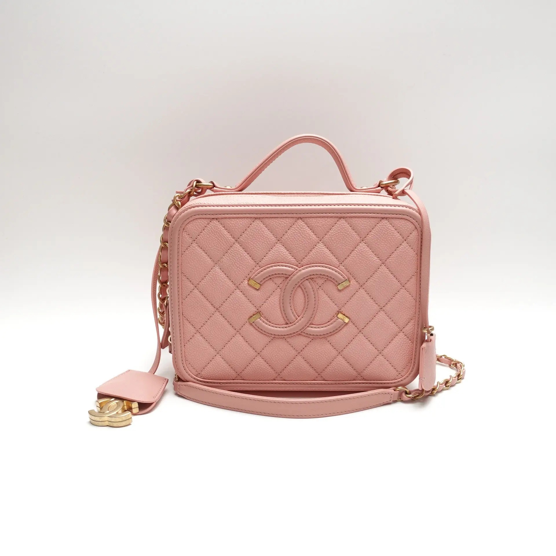 Pre-owned CHANEL caviar leather Chain Vanity Bag Pink Quilted T10430990