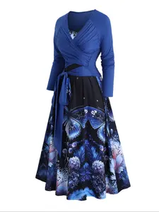 [Plus Size] Plain Ruched Top & Butterfly Print Cami Dress Two-piece Set, Casual Long Sleeve Top & Adjustable Strap Long Dress for Daily Wear, Women's Two-piece Outfits for Spring & Fall, Outfit Sets for Women, 2 Piece Sets Women, Womenswear