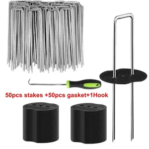 Garden Stakes Set, 6 Inch 50pcs Galvanized Landscape Staples & 50pcs Gaskets, Outdoor Home Tent Stakes for Weeds, Ground Cover, Fence