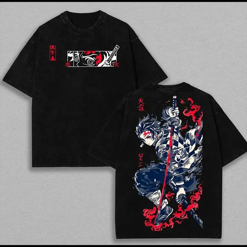 Men's Demon Slayer Tanjiro Kamado Fire Sun Water Breathing 2-Sided Printing Washed Streetwear T-Shirt, Oversized Shortsleeve Apparel, 90s Graphic Top Hoodie, Tshirt, Cotton