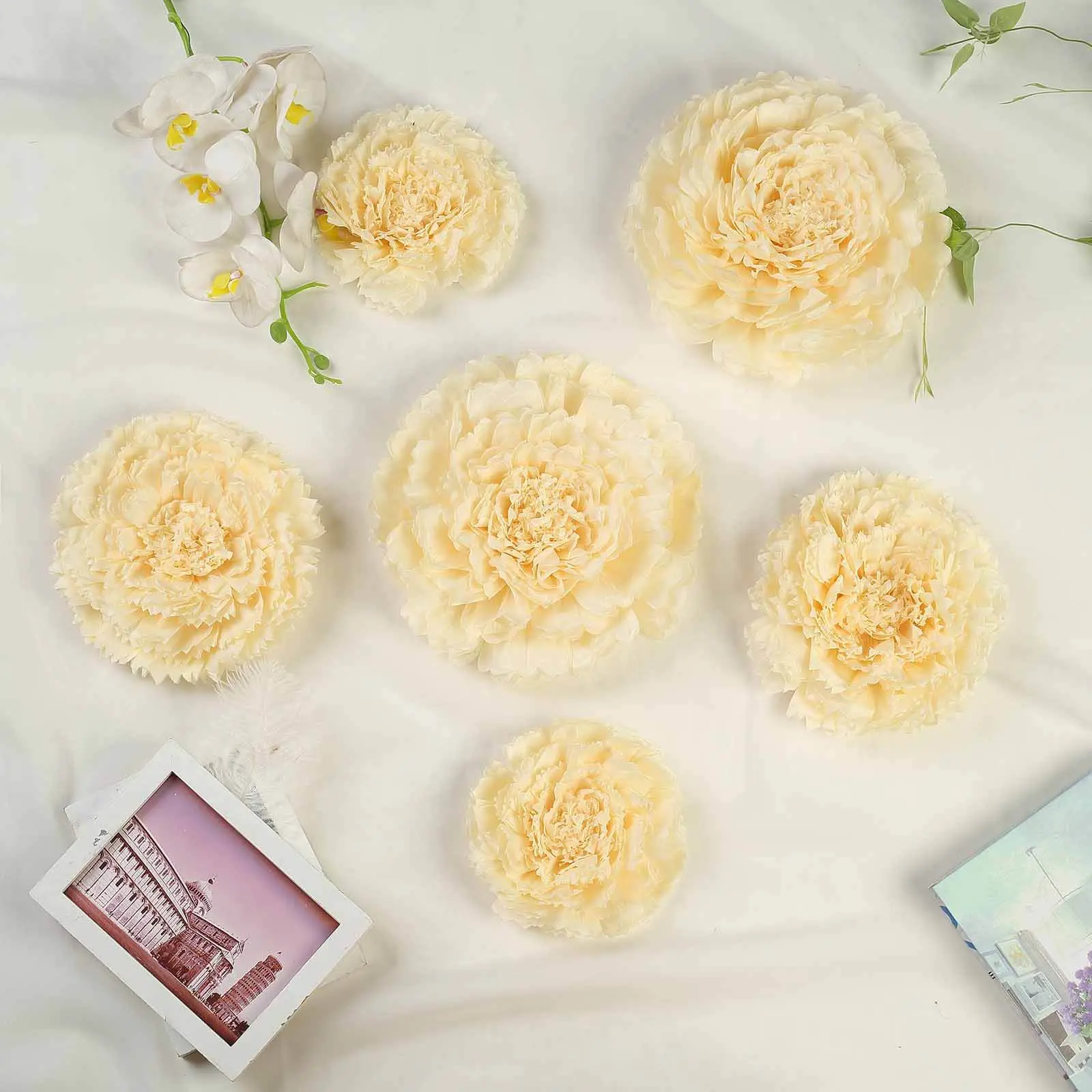 6-Piece Ivory/Cream 3D Paper Carnation Decorative Flowers Wall Decor - 7in, 9in, 11in Floral Decor for Weddings