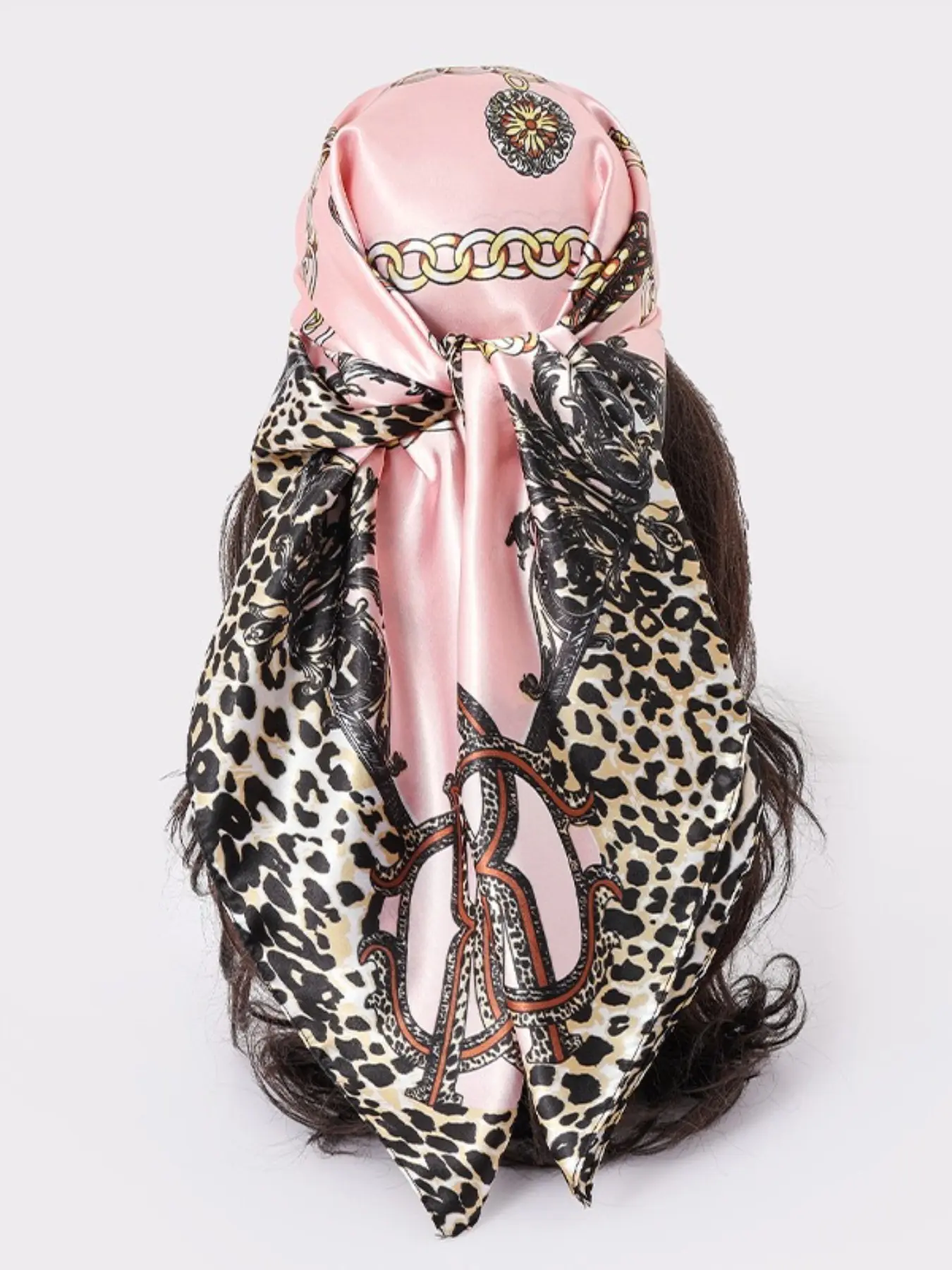New Women's Leopard and Chain Print Satin Headscarf, 90 cm Fashionable Versatile Silk-Feel Scarf Head Wrap for Spring and Summer, Multiple Colors Available