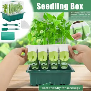 12 Hole Seedling Pot Reusable Silicone Tray, Indoor & Outdoor Plant Germination Kit, Plant Growing Set, Includes Lid, Base, Tool, Labels, Floor Mat