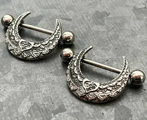 PAIR of Unique Gothic Tribal Design Steel Nipple Barbell Shields