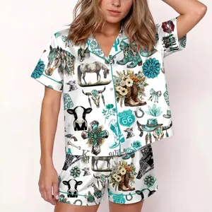 Western Cowgirl Spade Satin Pajama Set, Rodeo Print Sleepwear, Sublimation Western Things PJs, Coastal Cowgirl Lounge, Rodeo Gifts