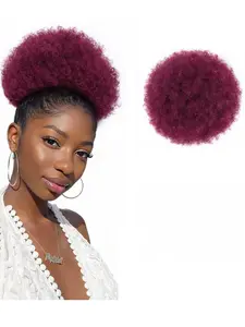 Afro Puff Drawstring Ponytail Kinky Curly Bun Hair Synthetic Short Extensions Hairpieces Updo Hair for Women Synthetic Hair Wig (8Inch,Red)