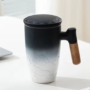 ZenFlow Ceramic Tea Mug 16.9oz with Infuser & Lid - Elegant Gradient Design, Ergonomic Wooden Handle, Keeps Tea Warm, Coaster Included - Drinkware