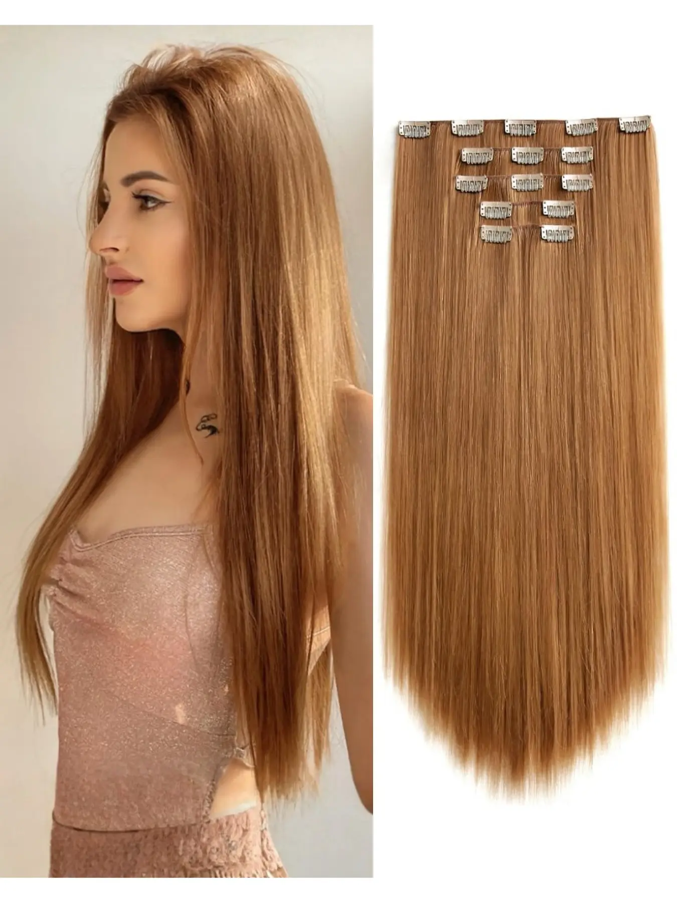 Women's 24-Inch Invisible Clip-In Hair Extensions, 6-Piece Straight Hair Pieces, 16 Clips, Ideal for Weddings, Parties, Daily Use, Clip On Hairpieces, Synthetic Fiber Hairpieces