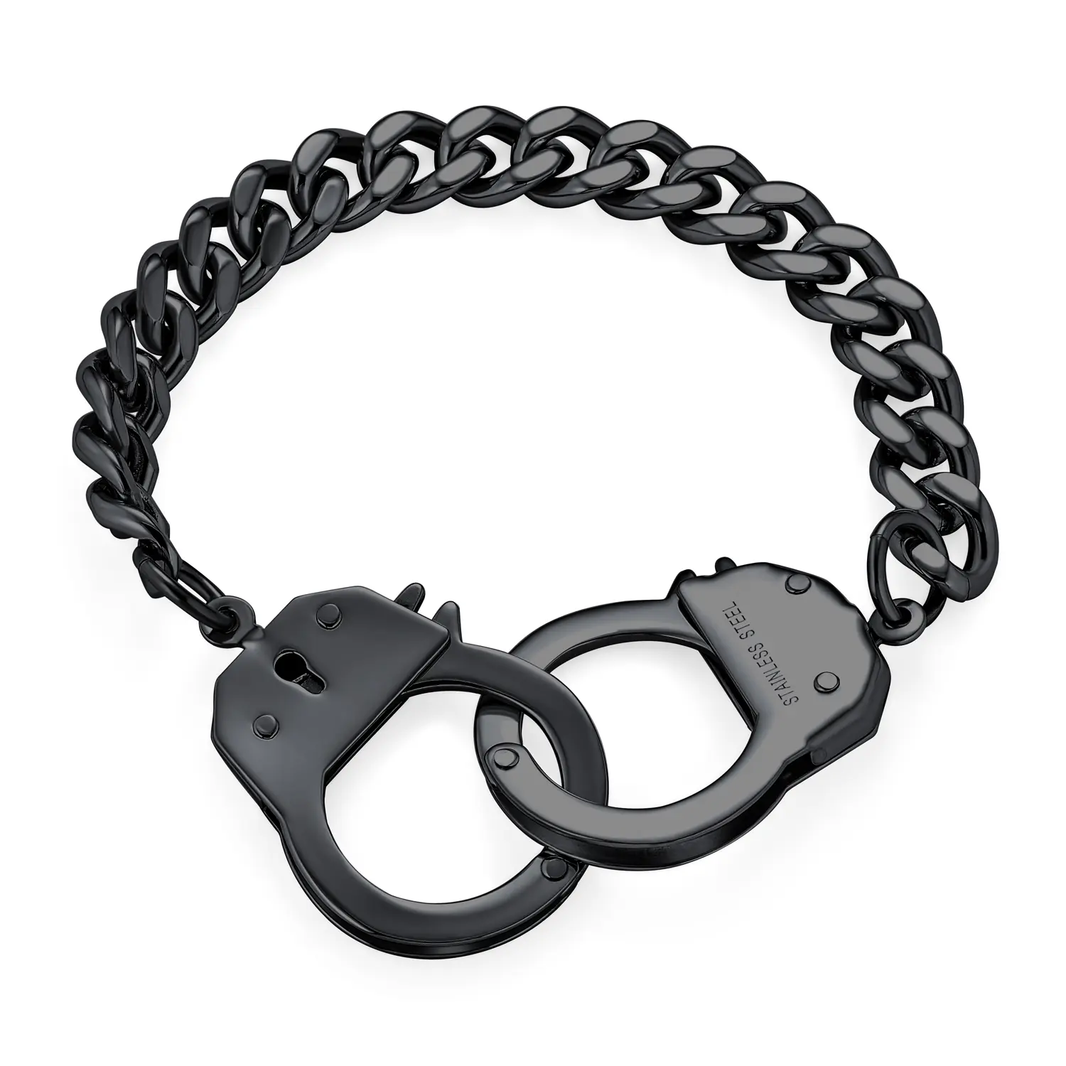 Biker Handcuff Statement Bracelet Cuban Curb Chain Black IP Stainless Steel