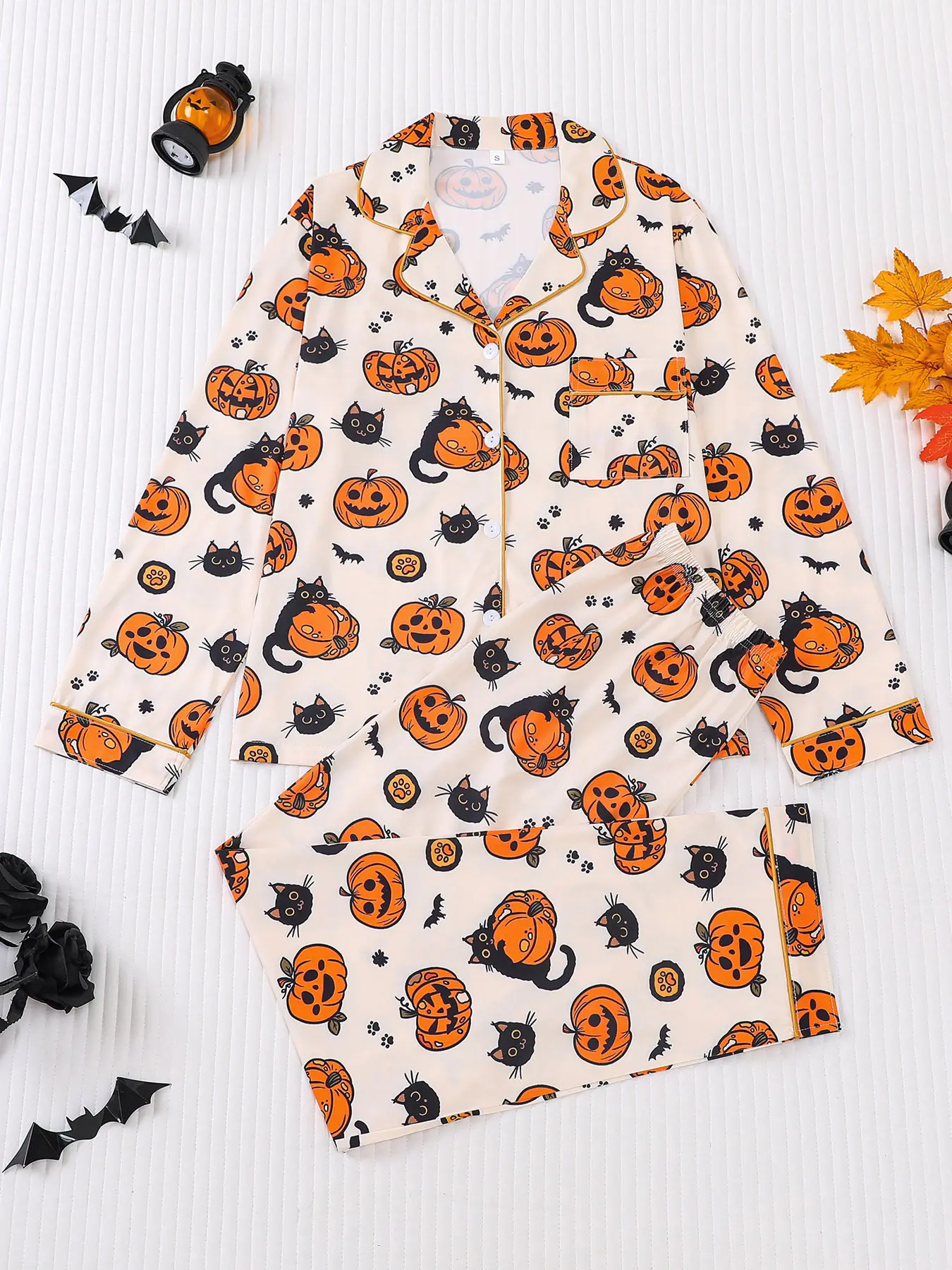 2 pieces of women's Halloween cute black cat pumpkin monster print long sleeve pyjamas Knit pants comfortable Fit lapel pajama set Nightwear top pocket elastic waistband suitable for all seasons casual home wear Loungewear Pjs Homewear Fall Pajama Sets