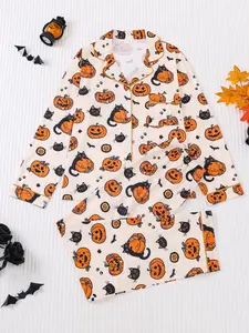 2 pieces of women's Halloween cute black cat pumpkin monster print long sleeved Knit pants comfortable lapel pajama set top pocket elastic waistband suitable for all seasons casual home wear Loungewear