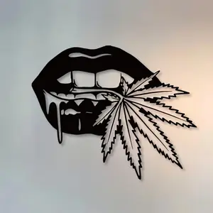 Metal Lip & Weed Leaf Wall Art, Creative Metal Artwork, Unique Stoner Gift for Her, Garden Decoration, Home Decor, Modern Home Decor