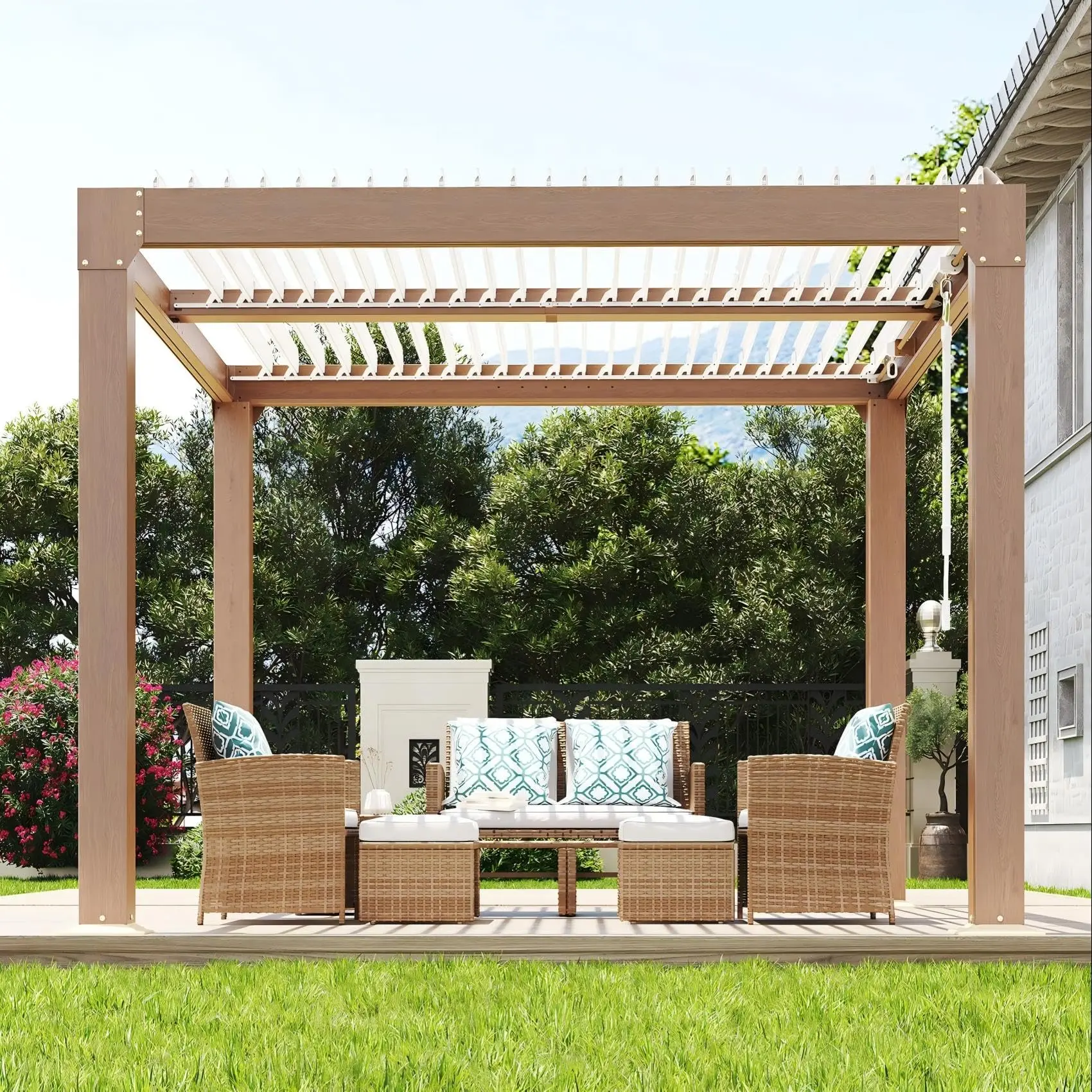12x12ft Outdoor Louvered Pergola, Adjustable Roof Hardtop Gazebo, Reinforced Aluminum Frame with Integrated Drainage System, Wood Grain Finish for Patio & Deck