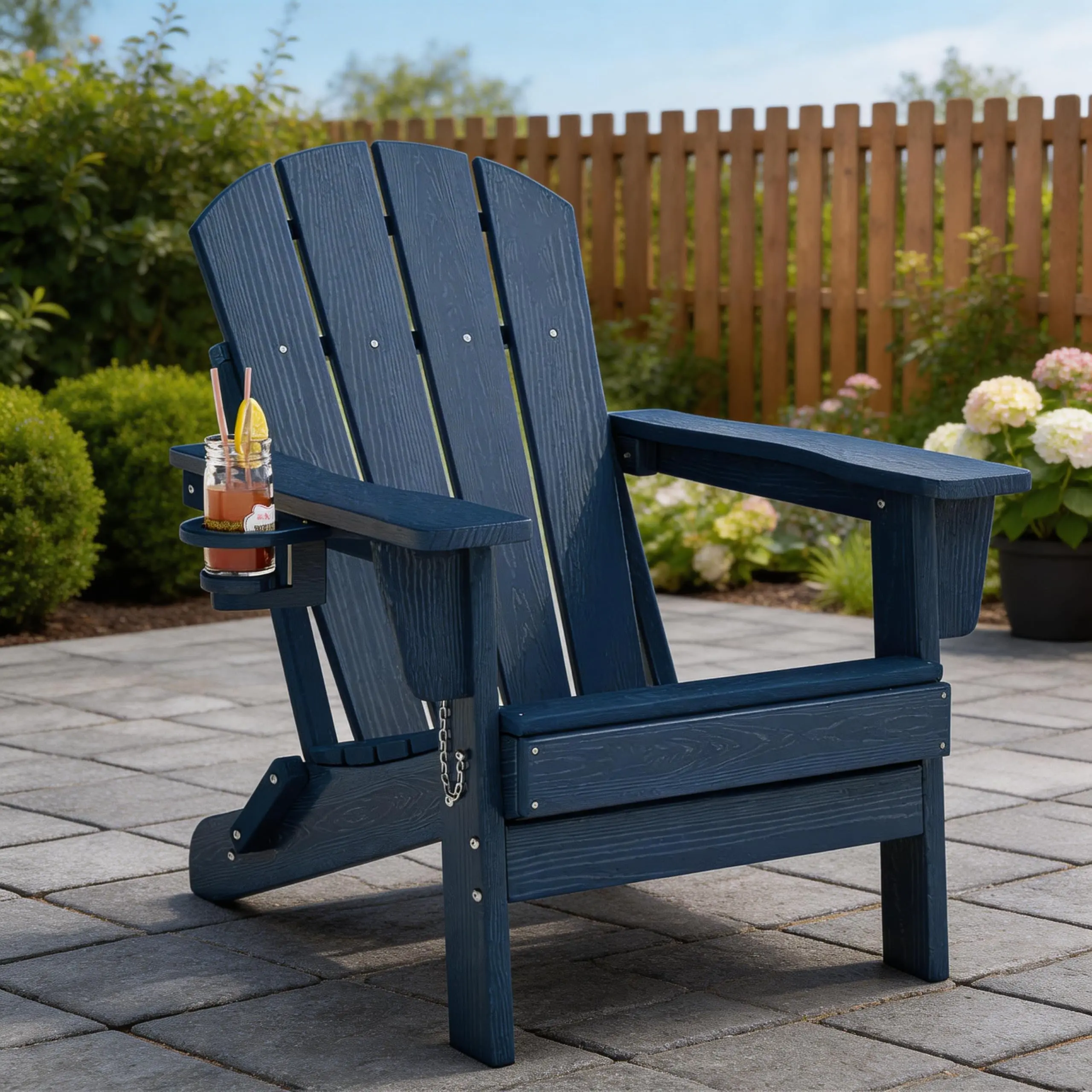 YJ-Garvee 1 Folding Adirondack Chair with Cup Holder All Weather HDPE Outdoor Lounge Chair with Wood Grain Texture Durable Patio Seating for Fire Pit and Deck