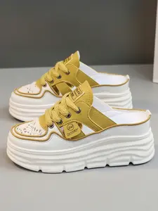 Summer New Lace-Up Thick Sole Half Slipper Women's Shoes, Fashionable Hollow Out Sandals, Height Increasing Platform Slippers