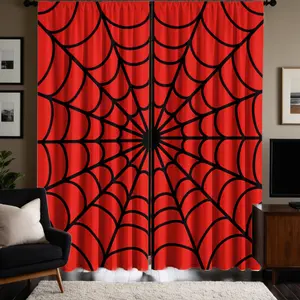 2pcs Black spider web pattern on a red background High Definition Digital Print Curtains, Semi-Transparent Polyester, Washable, Home Decor, Window Curtain, Home Decoration Curtain