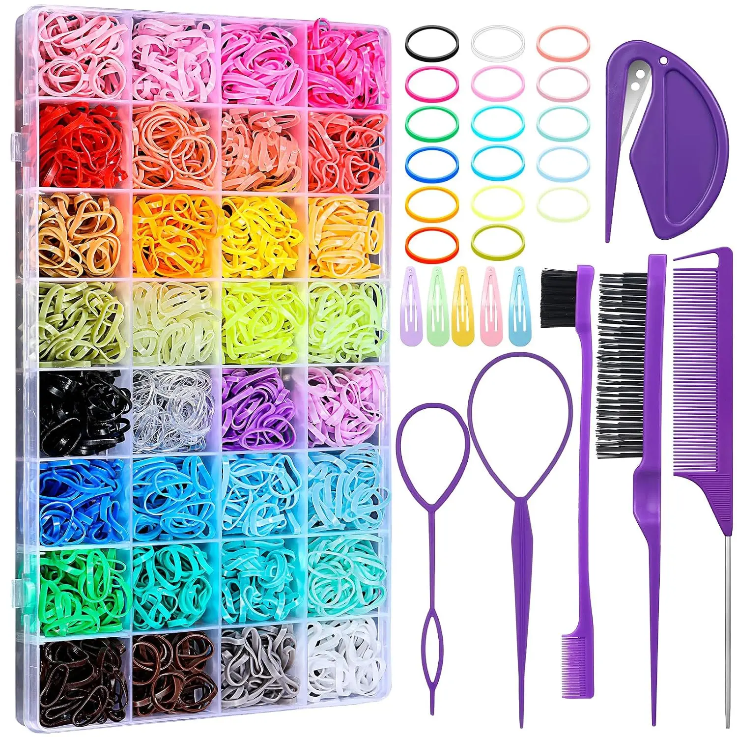 2000 Pcs 32-Color Small Elastic Hair Rubber Bands Set with 16 Styling Tools & Elastic Cutter, Kids' Hair Accessories for Girls Toddlers Xmas Gifts
