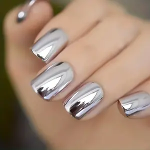 24pcs Punk-Style Metallic Silver Shiny Press-On Fake Nails, Reflective Mirror Finish, DIY Nail Art Decoration for Beauty & Personal Care
