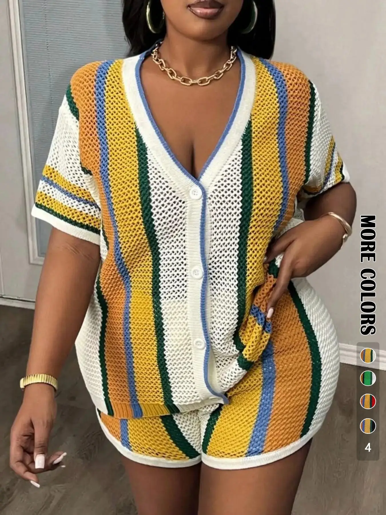 [Plus Size] Striped Print Lightweight Knit Sweater Set, Two Piece Set, Casual Chic Short Sleeve V Neck Knit Top & Shorts, Women's Summer Beach Outfits, Outfit Sets Women Clothes, Summer Matching Set