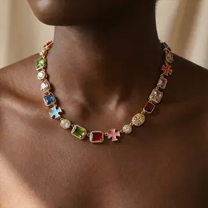 Luxury Geometric Gemstone Necklace Adjustable Chain 16 Inch