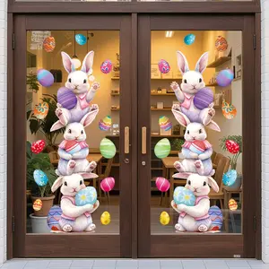 2026 New Easter Static Window Sticker, Creative Design Bunny Holding Egg Decorative Decal, Removable Glass Door Sticker for Mall, Household Decoration Supplies