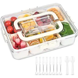 Divided Serving Tray with Lid, Snackle Box Container with Lid,Snack Box Container with Cutlery Storage, 8 Fruit Forks, 2 Spoons, Fruit Tray,Portable Snack Organizer, 8 Compartments snack tray with lid