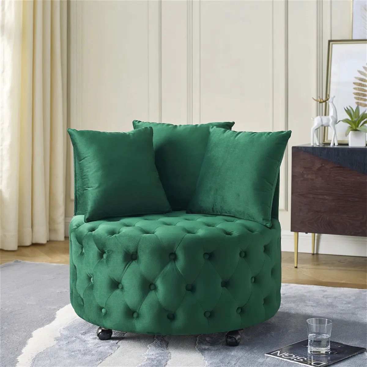 30" Modern Velvet Tufted Rolling Swivel Barrel Chair with 3 Pillows & Wheels, Comfy Single Seat Indoor Accent Chair for Living Room Decor, Home Office, Bedroom (Green)