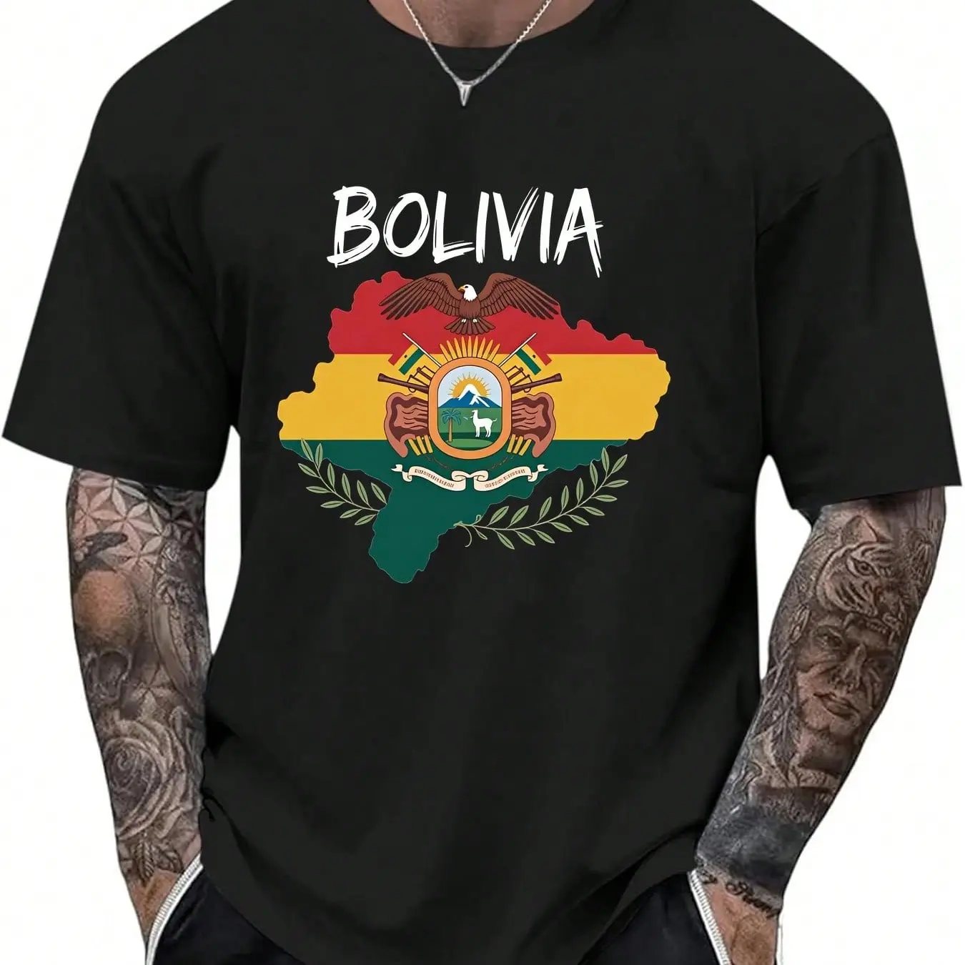Mens Round Neck Short-Sleeve Tee, Menswear with Colorful Bolivia National Emblem Map Graphic, Casual Summer Everyday Wear Top, Shortsleeve, Tshirt