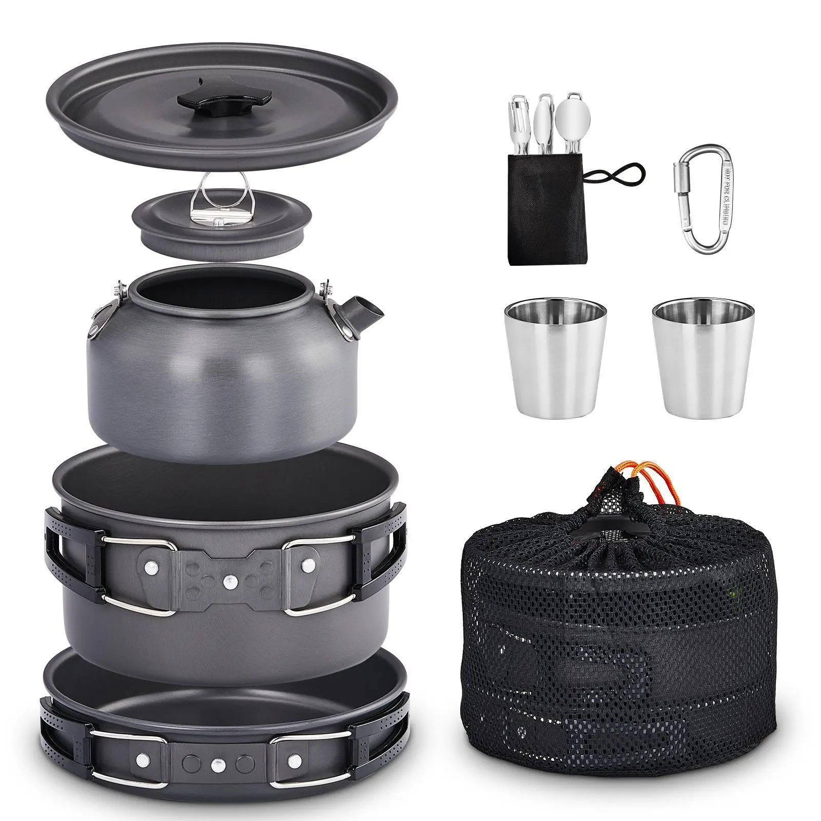【Summervibes】10Pcs Aluminum Camping Cookware Set for 2 Persons, Camping Pot Kettle Utensils Combo with Carry Bag, Outdoor Camping Cooking Gear for Hiking Picnic Backpacking