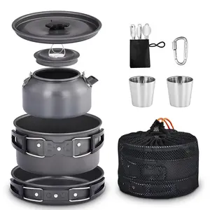 【Summervibes】10Pcs Aluminum Camping Cookware Set for 2 Persons, Camping Pot Kettle Utensils Combo with Carry Bag, Outdoor Camping Cooking Gear for Hiking Picnic Backpacking