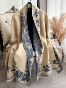 Women's Elegant Floral Print Scarf, Shawl Wrap, Floral Pattern Shawl, Soft Woven Fabric, Fitted Design, Warm Fall & Winter Accessory, Fringe Detail, Perfect Holiday Gift