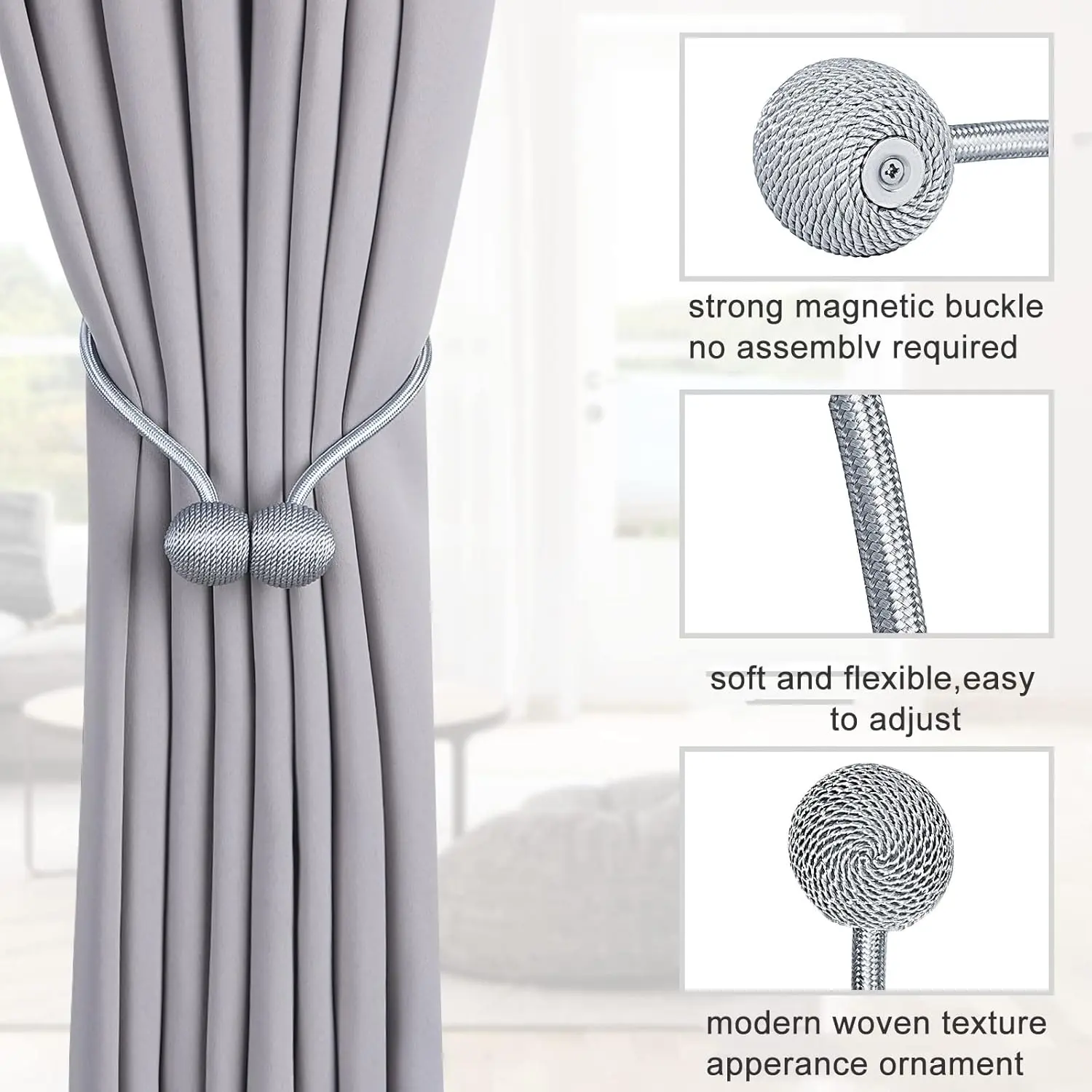 Silver Gray Minimalist Curtain Tiebacks - 2 Piece Sets, Easy-Adjust Flexible Rope with Magnetic Buckle, Drapery Holdbacks for Home Use, Fits Sheer/Blackout Panels