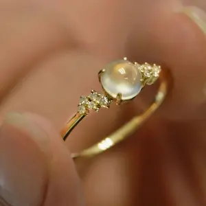 Natural Moonstone Exquisite Women's Ring with Sparkling Zircon and White Ice Jade, Simple, Retro, Elegant, Gold Plated